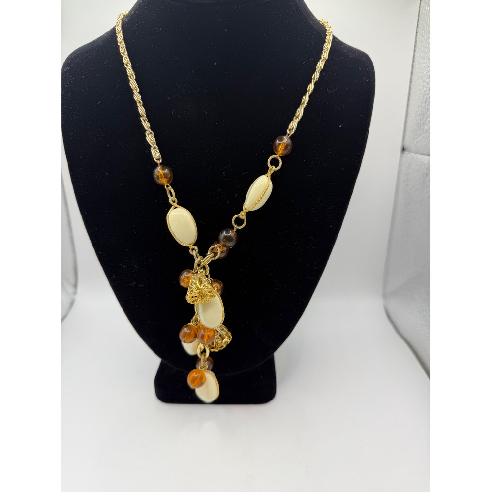 Vintage Gold Tone Cream Amber Bead Tassel Statement Necklace‎ Filigree Bell 28"